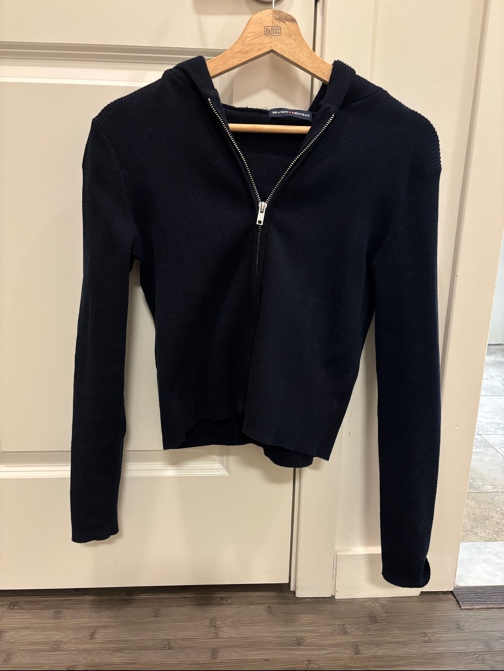 Brandy Melville navy blue Zip-Up Hooded Ribbed Sweater hoodie zipper